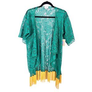 LulaRoe viridian green long Duster Kimono cover-up with Golden fringe at bottom